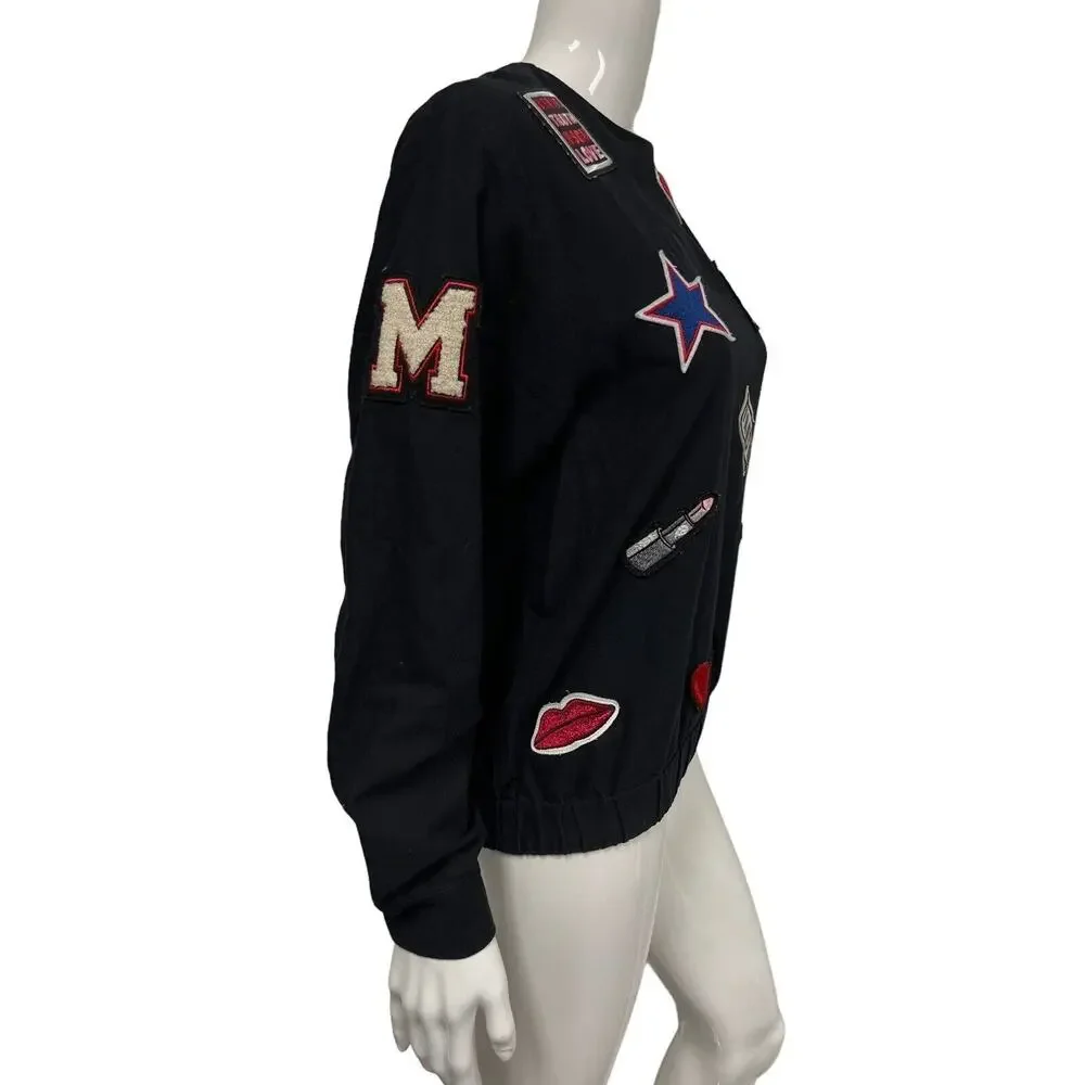 MSGM Black Cotton Patch Embroidered Pullover Sweatshirt Top Size 42 US 6 - Picture 2 of 5